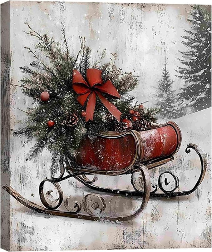 Vintage Framed Canvas Christmas Wall Art Decor 8x12, Farmhouse Red Christmas Prints Winter Paintings for Wall Sleigh Sled Art, Rustic Mantel Decoration, Country Winter Pictures
