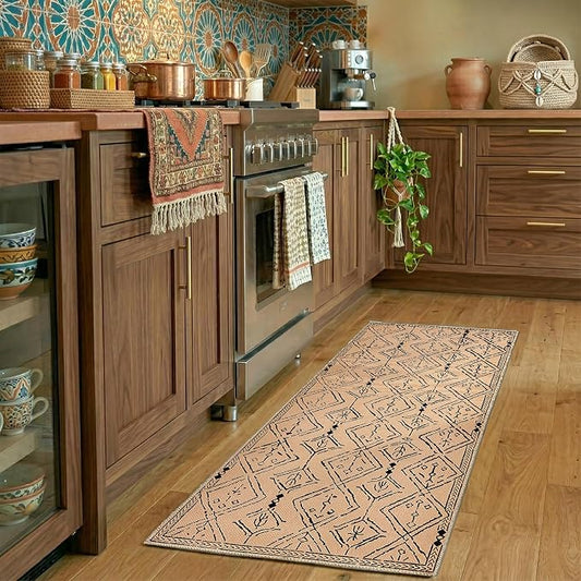 jinchan 2x5 Faux Jute Runner Rug Washable Moroccan Hallway Rug, Warm Taupe | Neutral Boho Geometric, Non-Slip Low Pile, Indoor Outdoor, High-Traffic, Kitchen, Bathroom, Laundry, Porch, Balcony, Entryway