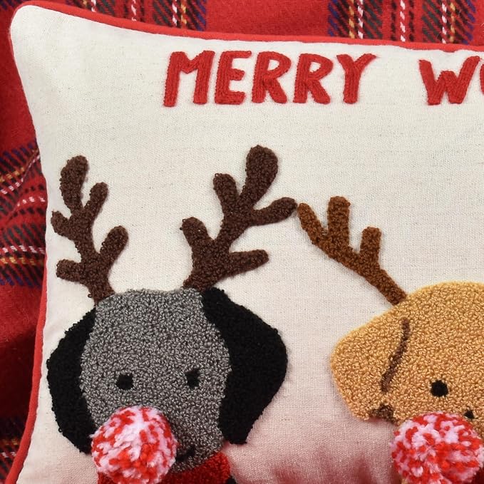 Merry Woofmas Christmas Pillow Covers 12x20, Cute Dog Embroidered Throw Pillowcases Christmas Decorations Holiday Pillows for Home Couch,Linen/red