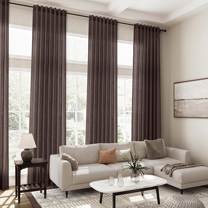 Coffee Linen Curtains for Living Room Back Tab Rod Pocket Semi Sheer Curtains 100 Inches Long 2 Panel Set Light Filtering Neutral Boho Farmhouse Lightweight Drapes for Bedroom 52x100