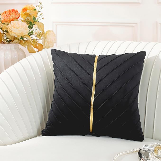 TAOSON Black Gold Leather Velvet Throw Pillow Covers,18x18 Inch,Pack of 2 | Gold Leather Decorative, Cushion Cases, Spring Summer, Sofa Couch Living Room Décor