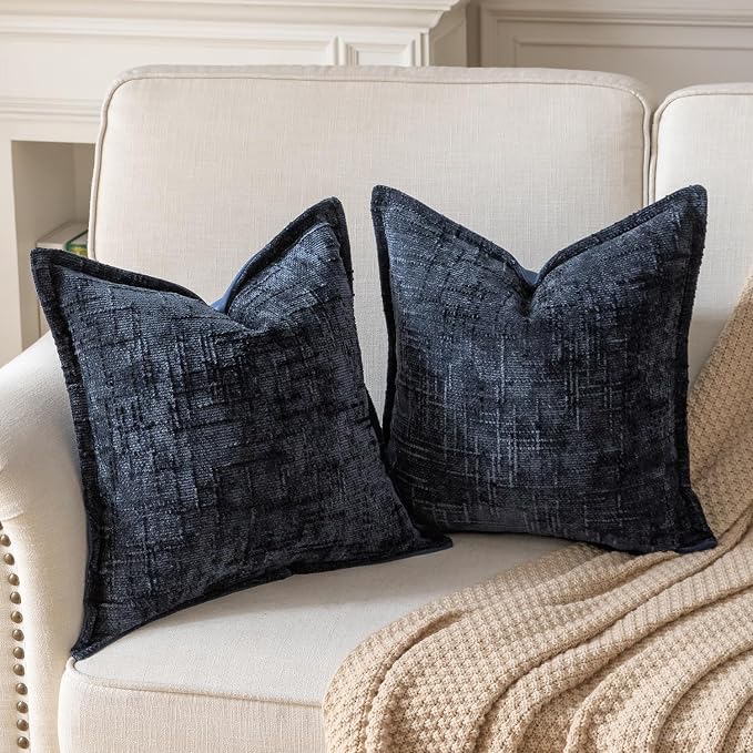 Yaertun Chenille Throw Pillow Covers 24x24 Inch Set of 2 Textured Broadside Soft Cozy Velvet Pillow Covers Modern Farmhouse Boho Decorative Pillow Cases for Couch Bed Sofa Livingroom Dark Blue