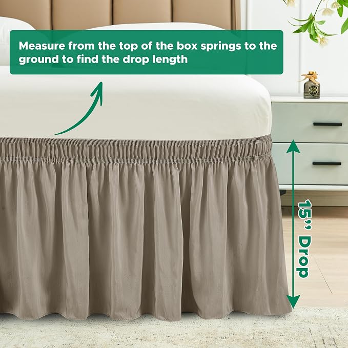 Wrap Around Queen Size Bed Skirt 15 Inch Drop-Elastic Dust Ruffle Taupe | Adjustable Pleated Bedskirt-Easy Fit Wrinkle Resistant Washable Hotel Quality Fabric Bed Skirting-Master Guest Bedroom Rental