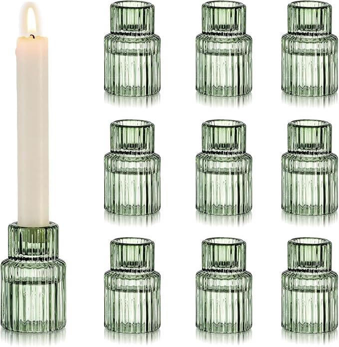 Hewory Taper Candle Holders Bulk, 10PCS Green Glass Candlestick Holders | For 0.86" Taper Candles, Ribbed, Vintage Candle Sticks Holder Decor, Wedding Table Centerpiece Bridal Showers Christmas Home