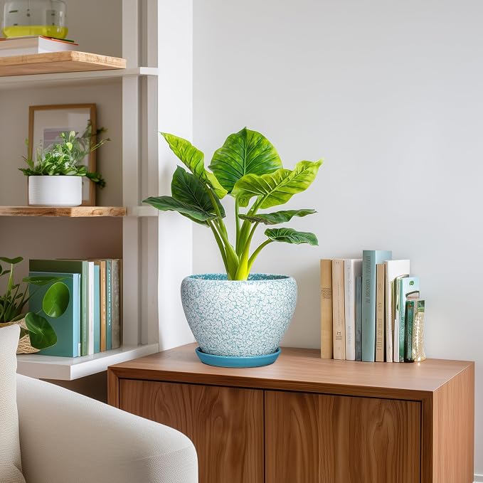 Ceramic Plant Pots, 8 Inch Indoor Plant Pots, Crackle Blue | Decorative Round Planters for Indoor Plants, Indoor Plant Pot with Drainage Hole and Tray, Home Decor, Gifts for Men Women