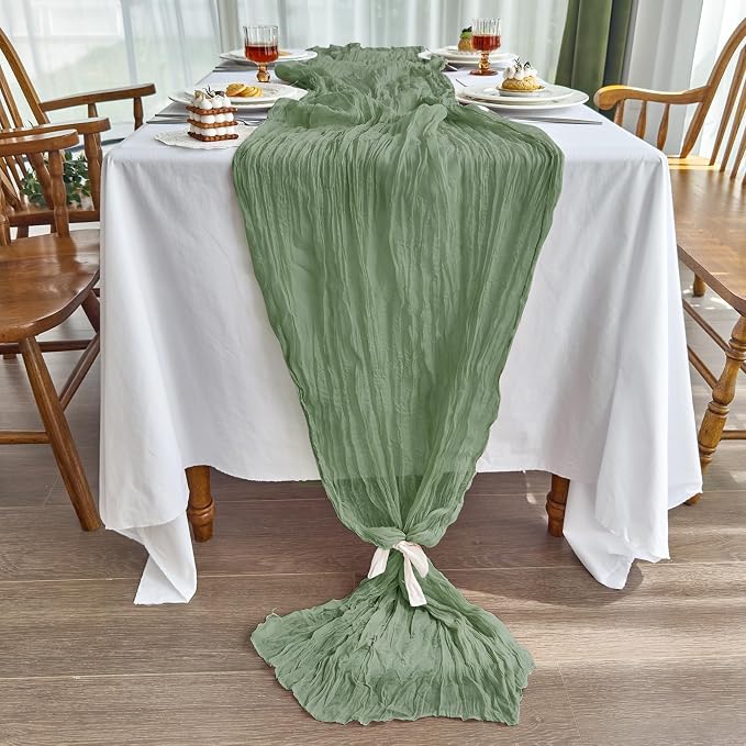 IVAPUPU Sage Green Table Runner 120 Inches for Birthday Party Home Decor | 6 Pcs Boho Gauze 10FT Cheesecloth Table Runners for Wedding Baby Shower Decorations Summer Garden Farmhouse
