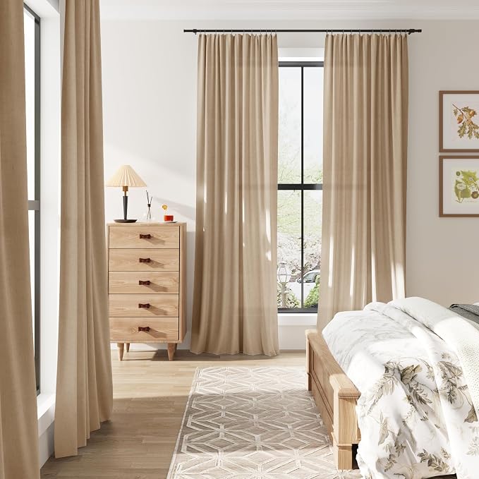 Sand Beige Linen Curtains 120 Inches Long Rod Pocket Semi Sheer Dining Room Cozy Bedroom Decor Cotton Look Country Rustic Farmhouse Boho Curtains 2 Panel Set,52x120