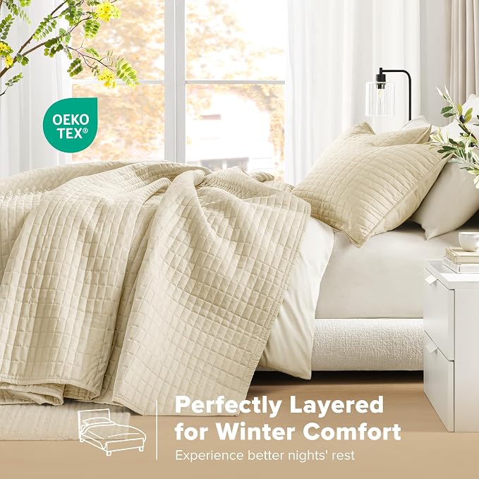 Comfort Spaces Oversized Bedspread King Quilt Set 3 Piece 120 x 118 Ivory | Coverlet for Summer Soft Cozy Lightweight All Season Quilted Extra Layer with Matching Sham, Bedroom Decor OEKO-TEX Certified