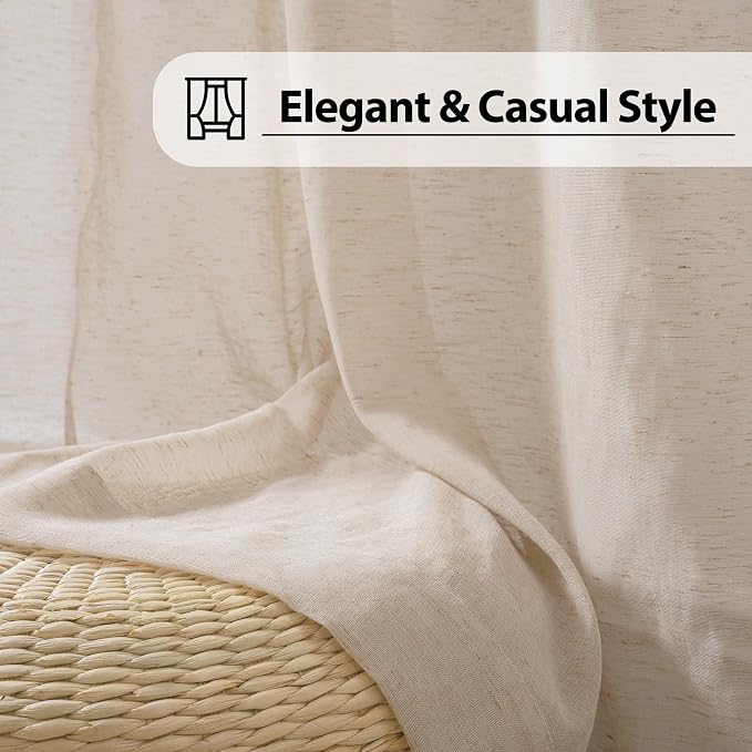 FMFUNCTEX Taupe Linen Sheer Curtains, 96 Inches, 2 Panels for Bedroom | Brown Semi Sheer Drapes, Flax Linen, Rod Pocket, Light Filtering, Farmhouse French, Kitchen, Privacy, for Living Room
