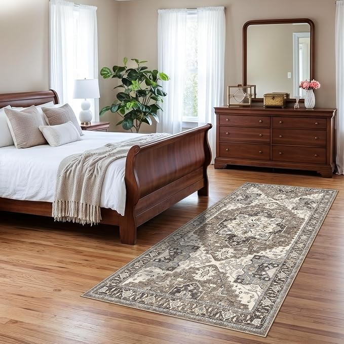 Hallway Washable 3x7 Runner Rug: Non-Slip Kitchen Rugs with Rubber Backing for Entryway Living Room Vintage Low Pile Stain Resistant Carpet for Bedroom Soft Thin Home Decor Mat for Bathroom(Beige,3x7)