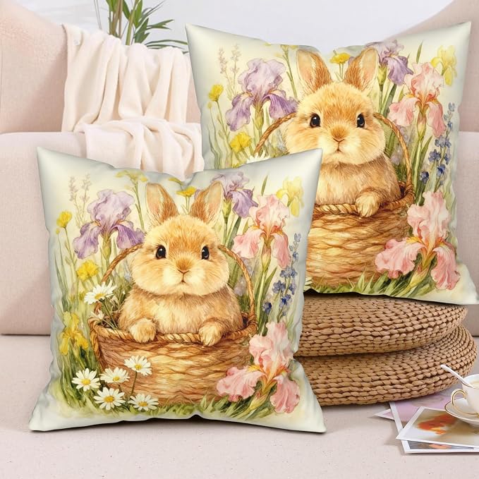 Easter Bunny Throw Pillow Covers Spring Watercolor Rabbit Floral Pillow Covers 22x22 Set of 2 Happy Easter Farmhouse Pillow Cases Spring Holiday Cushion Cases for Home Couch