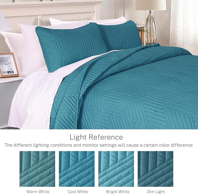 Exclusivo Mezcla Ultrasonic King Quilt Bedding Set, Teal | Lightweight Bedspreads, Soft Microfiber, Modern Geometric Coverlet, All Season Bed Cover, 1 Quilt and 2 Pillow Shams