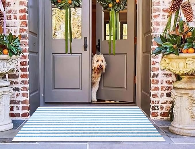 Light Blue White Striped Rug -2.3'x3.6' Front Door Rugs Outdoor, Small Washable Area Rug for Front Porch, Spring Summer Welcome Mats Outdoor Indoor, Doormat for Entryway Porch Entrance