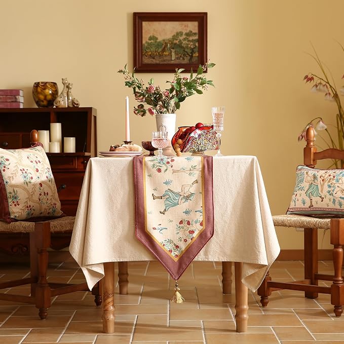 patdrea Designer Idyll Linen Table Runner, Vintage Beige Farmhouse with Ancient Spring Figure and Fruit Trees Pattern Table Mat, Decoration for Kitchen Dining Banquet Christmas ,12"*87"