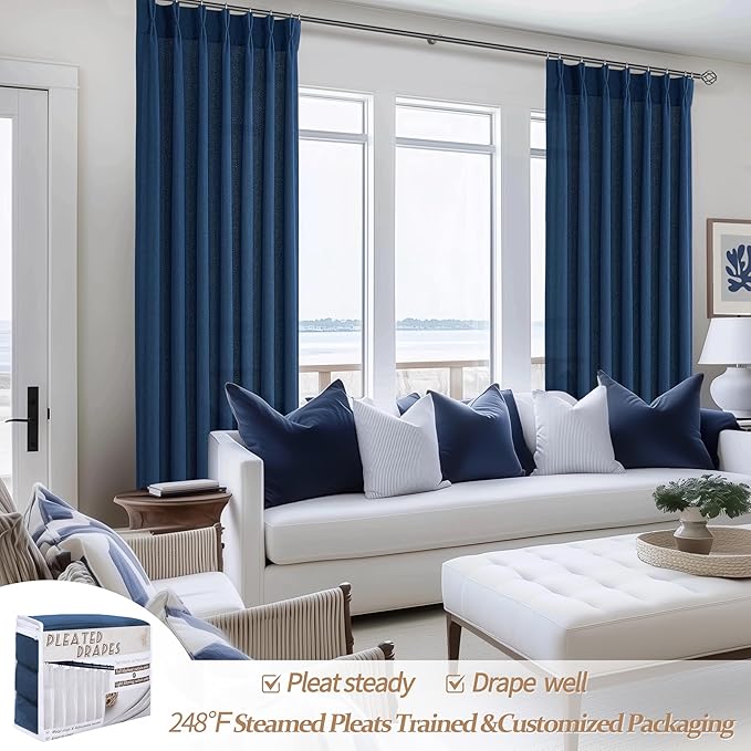 Navy Extra Long Light Filtering Sheer Curtains 108 Inches Long for Living Room 2 Panels with Ceiling Track, Textured Linen Pleated Curtains & Drapes 108 Inch Length Dinning Room Lush Decor Dark Blue