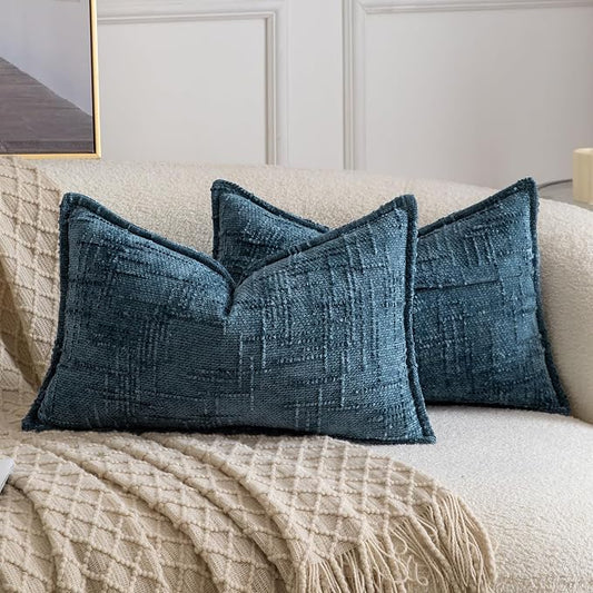 MADIZZ Pack of 2 Chenille Throw Pillow Covers 12x20 Inch Blue Soft Neutral Decorative Throw Pillows for Couch Sofa Boho Accent Cushion Covers Modern Farmhouse Home Decor for Bedroom Living Room