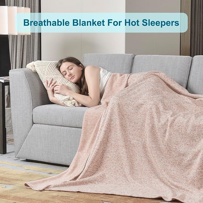 KAWAHOME Summer Sweatshirt Blanket for Bed Lightweight Soft Thin, 71" × 79" | Breathable Jersey Blankets for Hot Sleepers in Air-Conditioned Room, Home Decor Holiday Gift, Heather Pink