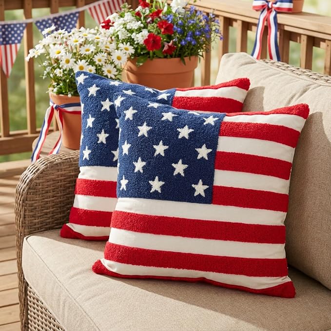 GEEORY Patriotic American Flag Pillow Covers Set of 2 16x16, Chenille