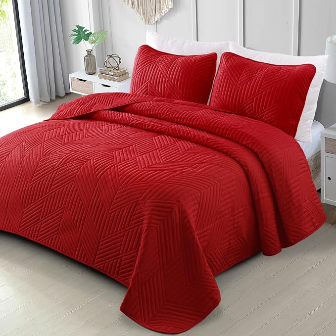Exclusivo Mezcla California King Quilt Bedding Set, Red | Lightweight Bedspreads, Soft Microfiber, Modern Geometric Coverlet, All Season Bed Cover, 1 Quilt and 2 Pillow Shams