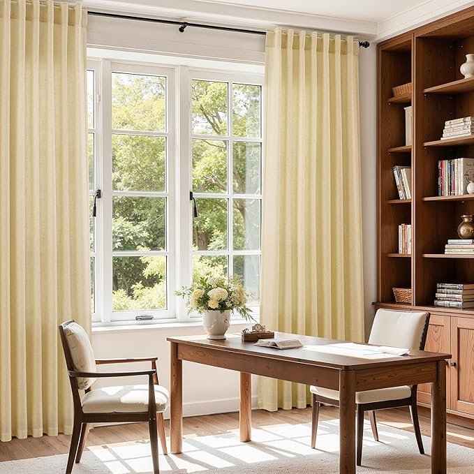 Cream Yellow Linen Curtains 90 Inches Long for Living Room Light Filtering Modern Farmhouse Sheer Curtains Back Tab and Rod Pocket Curtain for Bedroom Office 52x90, 2 Panels