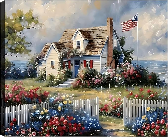 Framed American Flag Coastal Cottage Wall Art, Patriotic Seaside House Canvas Art Pictures, USA Flag Floral Garden Wall Decor, Made in USA Ready to Hang for Living Room Entryway