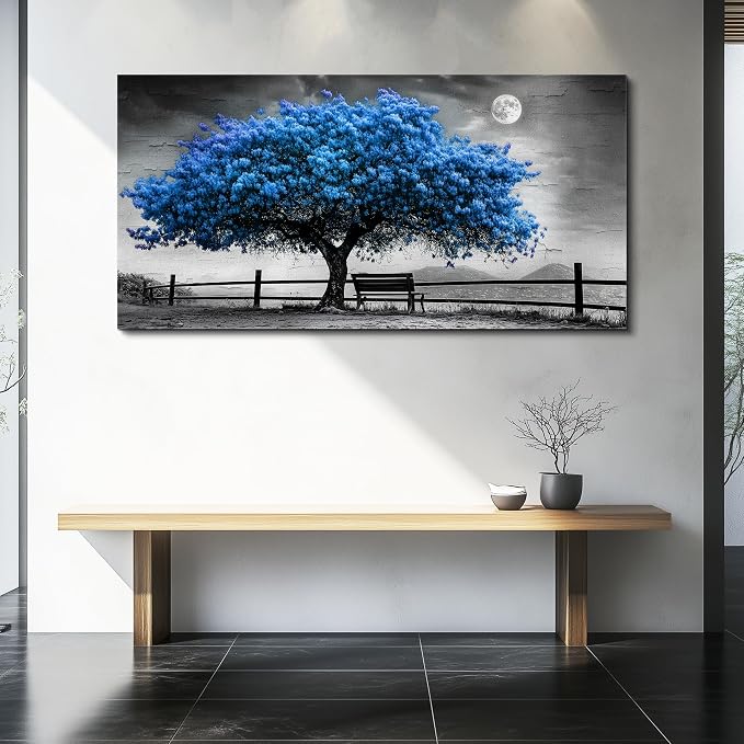 FUHAIHUA Canvas Wall Art For Living Room Wall Decor For Bedroom Office Wall Decoration Black And White Landscape Painting Blue Tree Pictures Artwork Room Aesthetic Home Decor 20x40 In