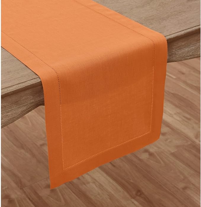 Solino Home 100% Pure Linen Dining Table Runner Pumpkin Woven, 14 x 90 in | Classic Hemstitch, a graceful centrepiece for dining and gatherings, hemstitched border, mitered corners, OEKO-TEX Certified