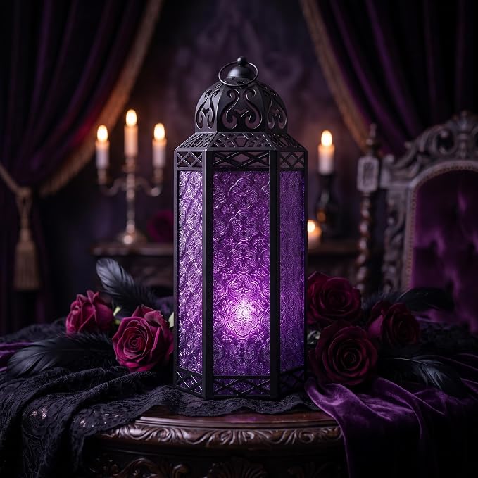 Vela Lanterns Decorative Indoor Tall Floor Candle Holder, Purple, XL | Extra Large Gothic Whimsigoth Decor, Moroccan Lantern, Halloween Witch Lamp, Indoor Outdoor Patio, 16.3" Tall