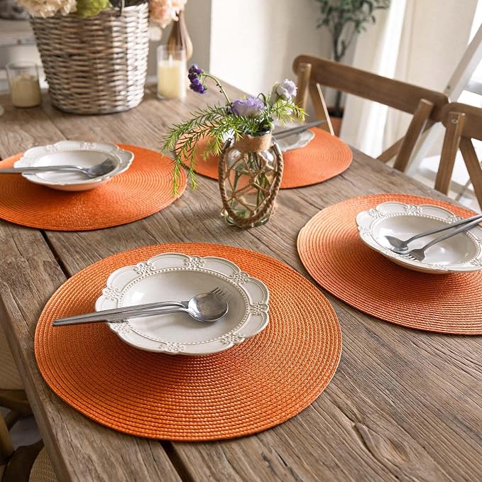 FunWheat Round Braided Placemats Set of 6 Table Mats for Dining Tables Woven Washable Non-Slip Place mats 15 inch(Orange, 6pcs)