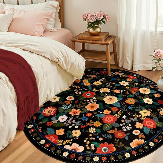 Washable Floral Area Rug for Living Room Round 4ft Black | Non-Slip，Vacuum-Friendly, Low Pile, Flower Carpet for Bedroom Kitchen Entryway Dining Room Office Nursery