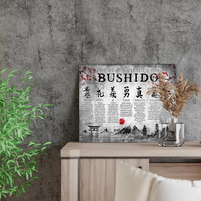 Japanese Samurai Wall Art 7 Virtues Bushido Inspirational Pictures Wall Decor Japanese Warrior Canvas Prints Framed Modern Painting Artwork For Bedroom Office Living Room Bathroom Dining Room 12x18 Inch