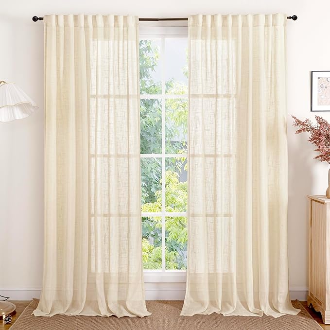 YoungsTex Beige Linen Semi Sheer Curtains 84 Inch Length for Living Room, Light Filtering Window Treatments Textured Drapes with Rod Pocket Back Tab for Bedroom, 2 Panels, 52 X 84 Inch