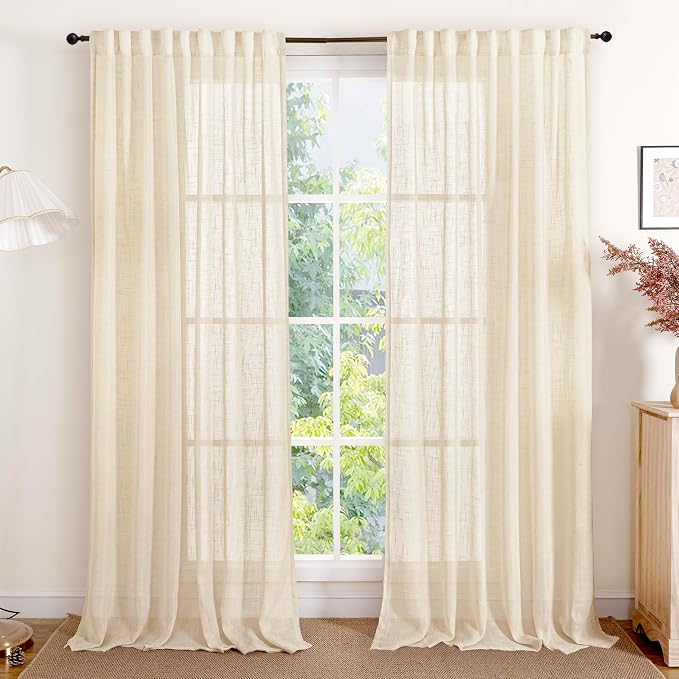 YoungsTex 90 Inches Long Linen Semi Sheer Curtains for Living Room 2 Panels, Cream Beige Light Filtering Window Treatments Drapes with Rod Pocket Back Tab for Bedroom Dining, 52 X 90 Inch