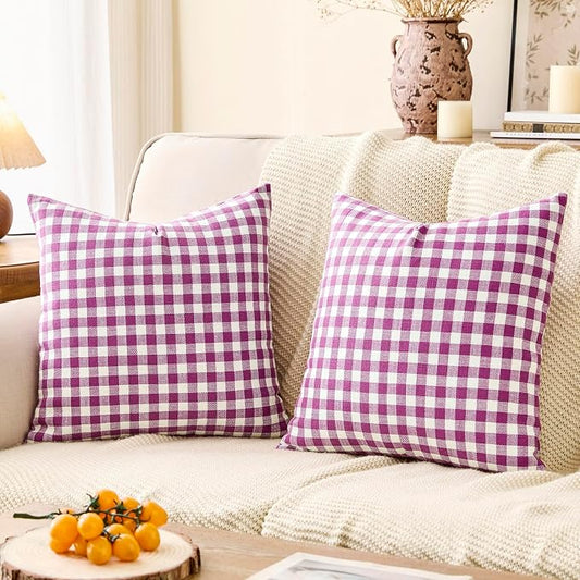 Outdoor Lavender Gingham Plaid Throw Pillow Covers 18x18 Set of 2 (Purple) | Purple-color Cushion Covers 18 x 18, Vintage Farmhouse Cottage Core Decor for Couch Sofa Bed, Cojines Decorativos Para Sala