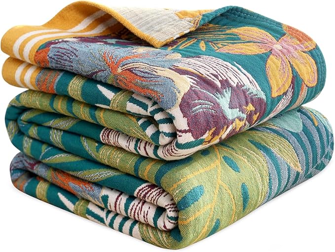 MSGKV Boho Throw Blanket 80"x90" 100% Cotton Floral Throw for Bed Couch | 100% Cotton Throw, Floral Pattern, Reversible Woven, Lightweight Comfort, Farmhouse Decor, All Seasons, Machine Washable