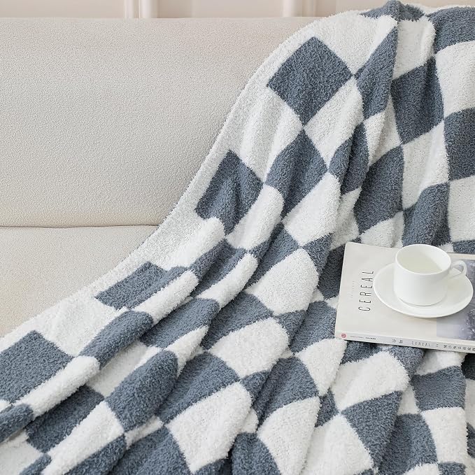 bearberry Soft Plush Throw Blanket for Couch, Cozy Warm & Lightweight | Knitted Fluffy Checkered Comfort Home Decor Gift for Women Mom Her, Sofa Chair Bed, 60x80in, Charcoal Grey