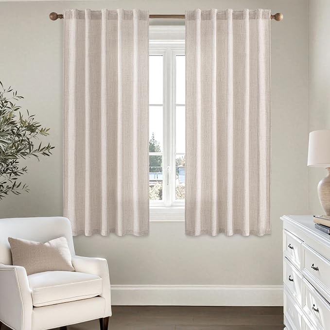 MIULEE Faux Linen Curtains 63 Inch Length 2 Panels Natural Beige Semi Sheer Curtain with Back Tab Rod Pocket, Light Filtering Window Privacy Burlap Drapes for Living Room Bedroom 42W x 63L