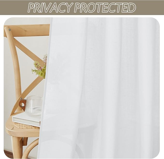 RYB HOME Linen Sheer Curtains 2 Panels for Living Room, Semi Transparent Privacy Drapes with Rod Pocket Farmhouse Style Window Treatments for Bedroom, White, 52" W x 95" L
