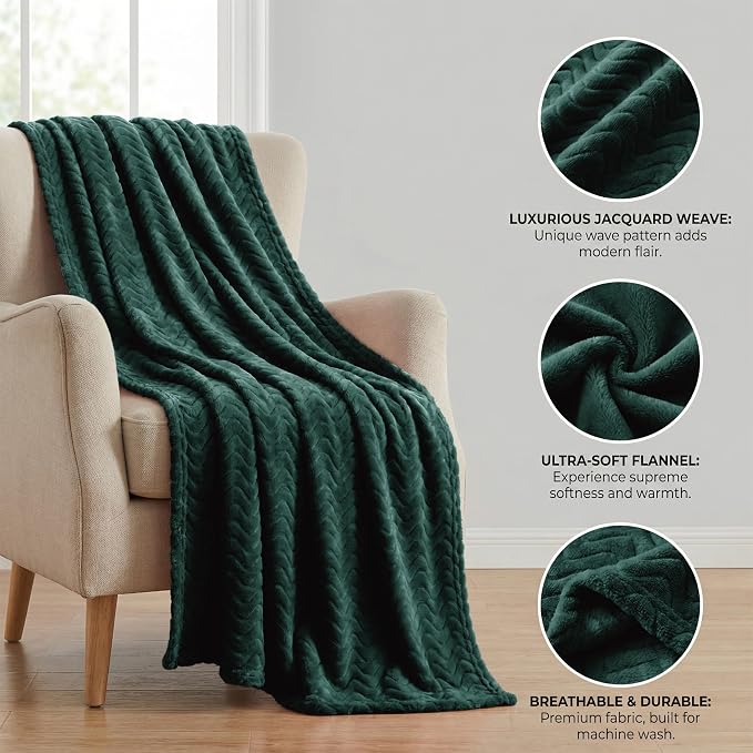 Exclusivo Mezcla Soft Fleece Blanket King Size for Bed, Sofa, Forest Green | 90"x104" Breathable Lightweight Flannel Blanket for Summer, Plush Cozy Jacquard Wave for Home Decor