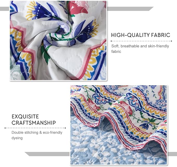 Travan 3-Piece Quilt Set Quilted Bedspread Reversible Quilted Bedding Set Garden Style Floral Printed Oversized Quilted Bedding Set with Shams for All Season, Exquisite, Queen Size