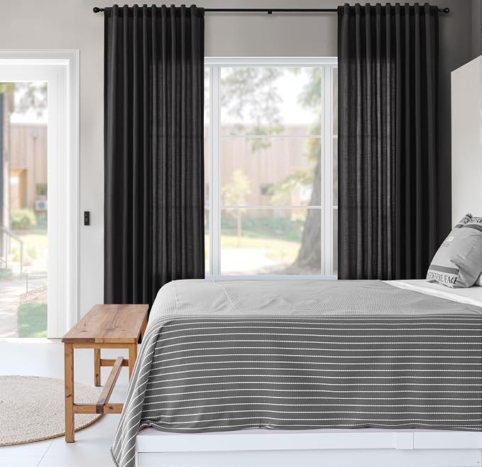 Extra Long Linen Curtains 102 Inches for Living Room Back Tab Semi Sheer Floor to Ceiling Light Filtering Curtain Boho Farmhouse Decor Window Drapes for Bedroom 2 Panels Black