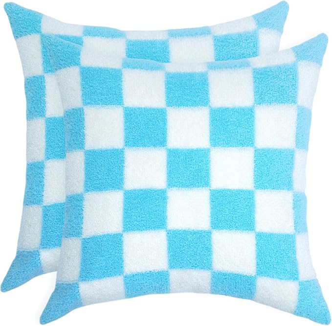Alysheer Checkered Embroidered Throw Pillow Covers 18"x 18" 2pc Blue White