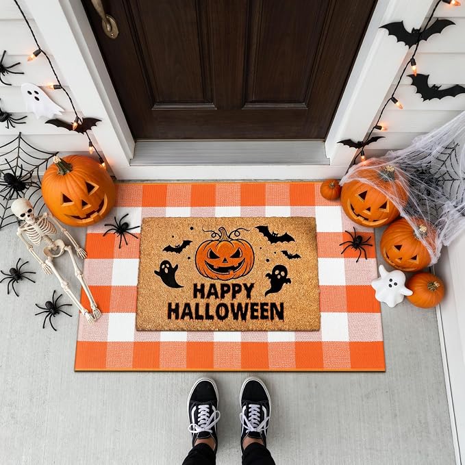 LEEVAN Halloween Door Mat, Orange Buffalo Plaid Fall Front Porch Decor Rug | 2'4" x 3'7" Layered Doormat, Washable Thanksgiving Checkered Welcome Door Mat for Entryway Kitchen Bathroom