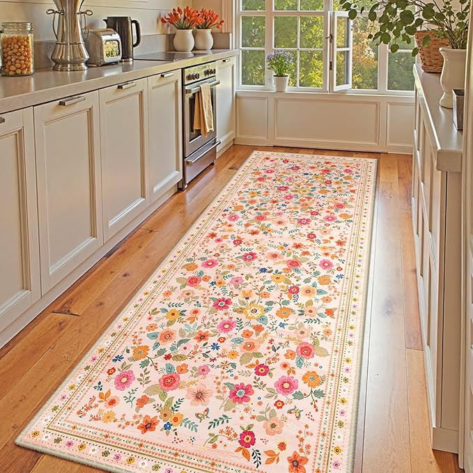 Washable Floral Area Rug for Living Room Runner 2x10 Pink Beige | Non-Slip，Vacuum-Friendly, Low Pile, Flower Carpet for Bedroom Kitchen Entryway Dining Room Office Nursery