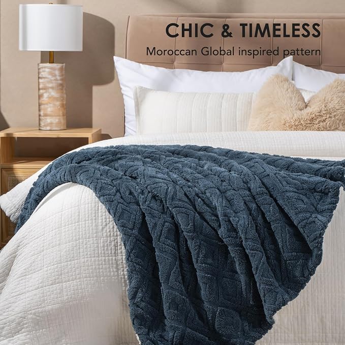 EverGrace Jacquard Reversible Sherpa Throw Blanket, 50" x 60", Stormy Blue | Jacquard Sherpa Throw Blanket, Super Soft, Cozy Plush Blanket, Reversible Thick Warm Throw for Bed, Sofa, Living Room