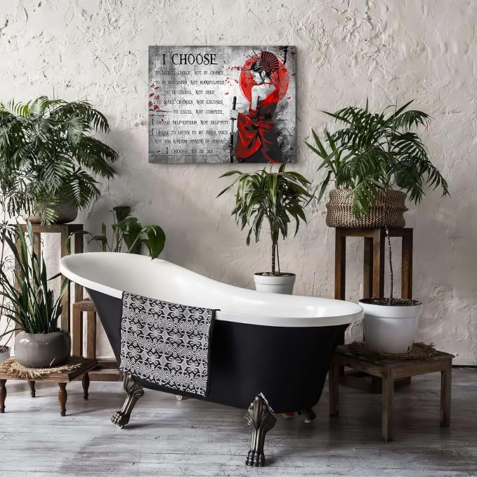 Motivational Japanese Samurai Wall Art Samurai Women Red Moon Canvas Wall Decor Inspirational Quotes I Choose Pictures Print Paintings Framed Artwork Home Decor For Office Living Room Gym 16x20 Inch