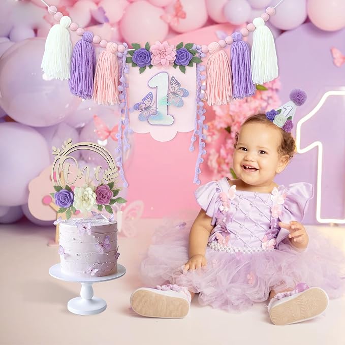JUIIZAY Flower 1st Birthday Party Decorations for Girl Butterfly Highchair Banner 1st Hat One Floral Cake Topper Party Decor