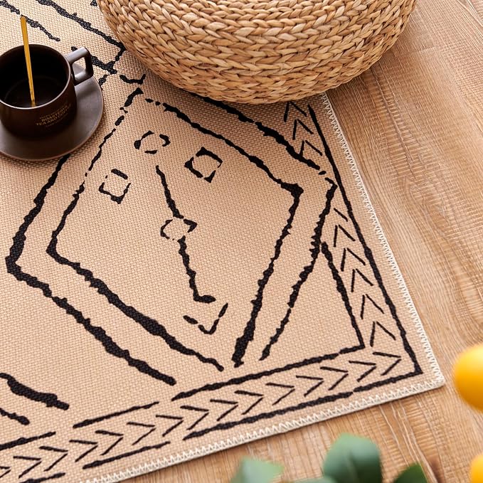 jinchan 8x10 Faux Jute Area Rug Washable Moroccan Living Room Rug, Taupe | Neutral Boho Geometric, Non-Slip, Low Pile, Indoor Outdoor, Natural Fiber Look, Dining Room, Deck, Backyard, Bedroom, Patio