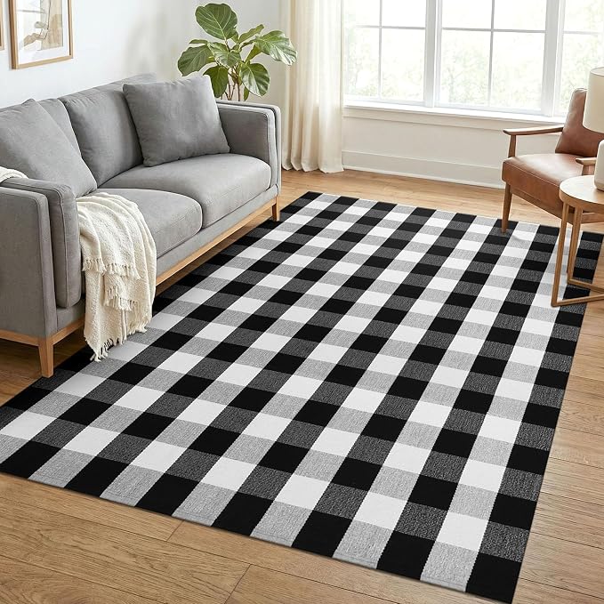 KOZYFLY Buffalo Plaid Area Rug 5x7 ft Living Room Rug, Black and White | Washable Checkered Rugs, Cotton Bedroom Rug, Woven Dining Room Rug, Indoor Outdoor Carpet for Farmhouse Patio Front Porch