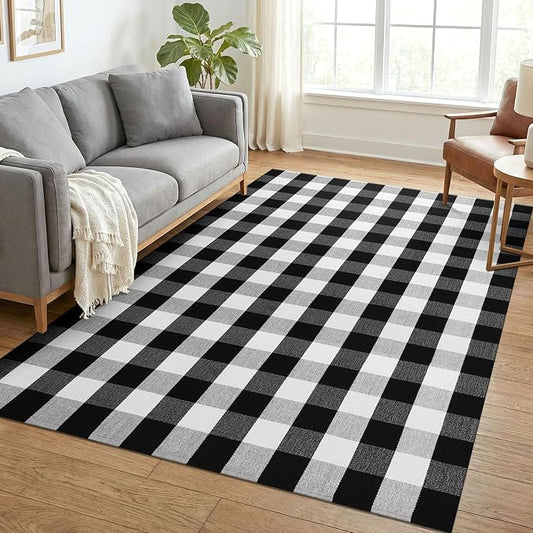 KOZYFLY Buffalo Plaid Area Rug 5x7 ft Living Room Rug, Black and White | Washable Checkered Rugs, Cotton Bedroom Rug, Woven Dining Room Rug, Indoor Outdoor Carpet for Farmhouse Patio Front Porch